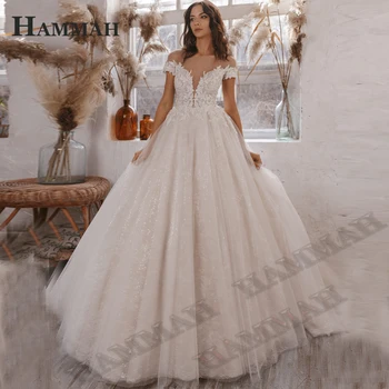 Свадебные платья HAMMAH из винтажного тюля с V-образным вырезом и открытыми плечами, аппликации на пуговицах без спинки, Vestido De Novia