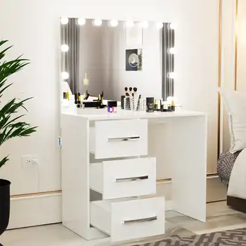Современный туалетный столик Ember Interiors Ava Pro, электрические лампочки, зеркало с 3 выдвижными ящиками, окрашенное в белый цвет для спальни