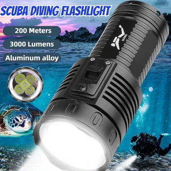 Светодиодный сверхяркий фонарик для дайвинга 4 режима 3000ЛМ Подводный фонарь для подводного плавания IPX8 Водонепроницаемый с питанием от аккумулятора для подводного плавания