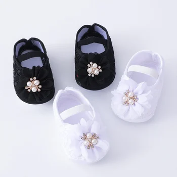 Обувь для ходунков для маленьких девочек с цветами и жемчугом, первые ходунки для малышей, обувь для ходунков для малышей, обувь для крестин принцессы с эластичной лентой