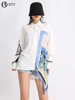 GBYXTY Lady Элегантные Рубашки и блузки нерегулярной формы с принтом масляной живописи, Женская Белая рубашка с длинным рукавом и кисточкой из бисера, ZA3106