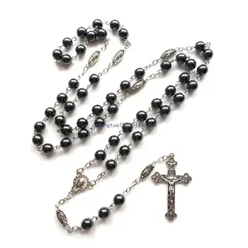 Католический камень гематит Ожерелья для четок Ожерелья для молитв с распятием Кулон Религиозные украшения для женщин Мужская мода