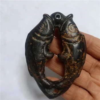 Скульптура из черного железного метеорита Хуншань, Двусторонняя энергетическая статуя красной рыбы, скульптура удачи, # 008