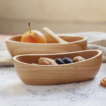 Сервировочная миска в форме лодочки для фруктов или салата, натуральная овальная деревянная миска из цельного дерева