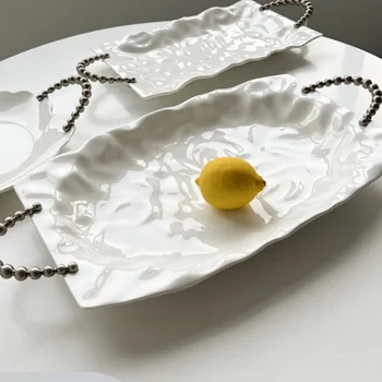 Простая подставка для французского торта, Белый керамический поднос для украшения, Фруктовая тарелка с жемчужной ручкой, 30-дюймовые прямоугольные тарелки для еды