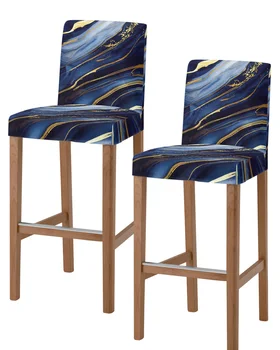 Мраморно-желтый край, синяя текстура, Высокая спинка, 2 шт., чехлы для стульев для кухни, эластичный чехол для барного стула, чехлы для сидений в столовой