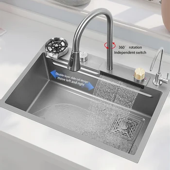 Кухонная раковина Nano 304 из нержавеющей стали с водопадной раковиной Серого цвета Большая Одинарная Чаша С многофункциональным сенсорным водопадным краном