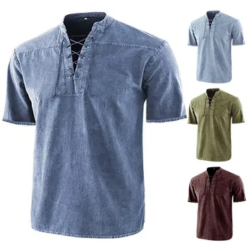 Мужская однотонная винтажная повседневная рубашка с короткими рукавами и воротником-стойкой, летняя рубашка из ультра хлопка на пуговицах