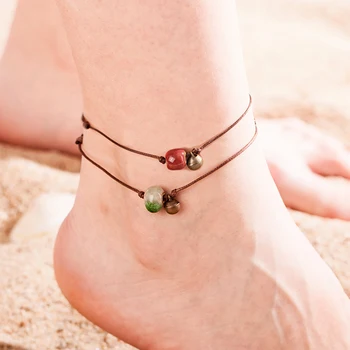 летний пляжный керамический браслет на ногу босиком с бусинами, регулируемая цепочка, ретро-колокольчик, браслет на лодыжку, цепочка для ног, женские украшения, подарок для женщин