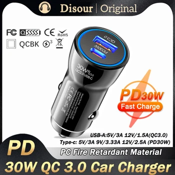 30 Вт PD Автомобильное Зарядное Устройство QC3.0 USB Type C Быстрая Зарядка Автомобильный Телефонный Адаптер для iPhone 14 13 Xiaomi Huawei Samsung S21 S22 Быстрая Зарядка