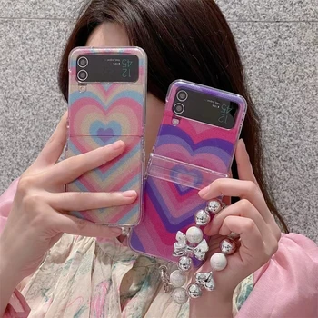 Ins Лазерный блестящий браслет-сердечко с блестками Чехол для телефона Samsung Galaxy Z flip 5 3 4 5G Flip5 Чехол-браслет с милым бантом и жемчугом для девочек