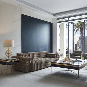 Итальянский легкий роскошный кожаный диван, простой современный диван с пряжкой, большая вилла, гостиная, дизайнерская мебель