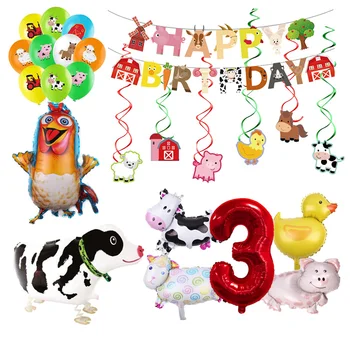 Украшение вечеринки по случаю Дня рождения в виде животного с воздушным шаром на ферме, Воздушные шары из алюминиевой фольги, Одноразовая посуда, Детские принадлежности для мероприятий, Баннер