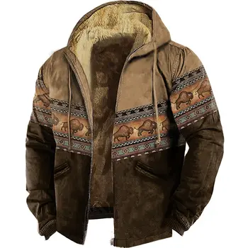 Мужские толстовки на молнии с рисунком бизона, повседневная зимняя одежда, толстовка с длинным рукавом, повседневная куртка с капюшоном, верхняя одежда