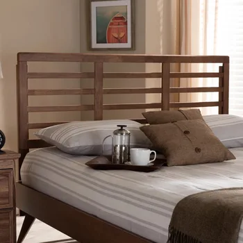 Современная кровать Baxton Studio Salome Середины века с отделкой из орехово-коричневого дерева Queen Size с Открытым Ламельным изголовьем