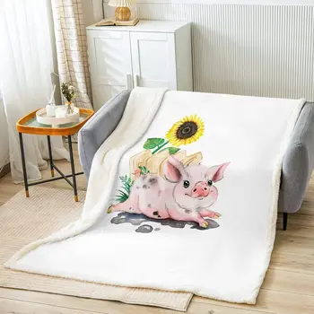 Флисовое одеяло из свиньи для кровати, дивана, дивана Для девочек, Плюшевого одеяла с Мультяшными Поросятами, Декоративного Шерпа Подсолнуха для комнаты