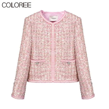 Роскошная Женская куртка с блестками, расшитая бисером, Корейские элегантные пальто из розовой шерсти и смесовых тканей с круглым вырезом, Брендовая Дизайнерская зимняя одежда 2023