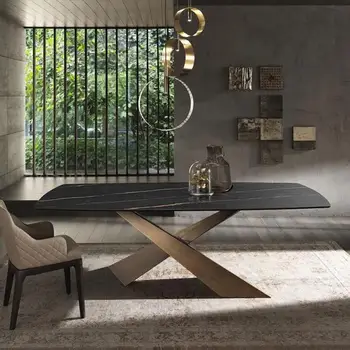 Итальянский креативный обеденный стол на заказ для маленькой квартиры, современный минималистичный стол из светлой роскошной каменной доски, прямоугольный стол