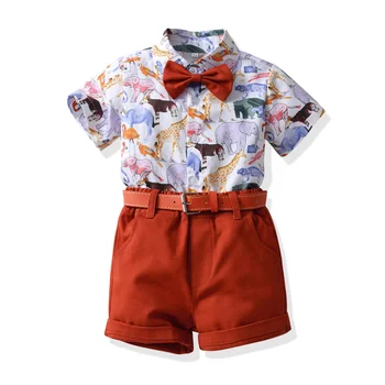 Модные комплекты одежды для мальчиков и джентльменов с мультяшными животными, рубашка с короткими рукавами в виде динозавра, шорты с поясом, комплект из двух предметов