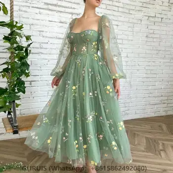 Зеленое вечернее платье трапециевидной формы длиной до чая, сексуальные аппликации без бретелек, платья для выпускного вечера, Иллюзия свадебного платья