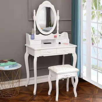 Современный туалетный столик с зеркалом, вращающимся на 360 градусов, 4 выдвижными ящиками и разделенным внутренним пространством, стол для макияжа, для спальни