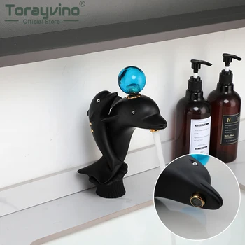 Torayvino Матовый черный смеситель для ванной комнаты, раковина с дельфинами, Смесители с одной ручкой, смеситель для горячей и холодной воды, установленный на бортике.