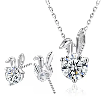 Комплект ювелирных изделий в форме кролика серебристого цвета, серьги-кольца, ожерелье для женщин, Элегантные ювелирные изделия с двойным сердцем из горного хрусталя