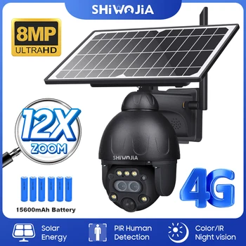 SHIWOJIA 4K 8MP Солнечная Камера PTZ 12X Zoom 4G SIM /WIFI Наружная Камера Безопасности Гуманоидное Отслеживание Цветная Металлическая Камера Ночного Видения
