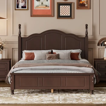 Кровать в натуральную величину, деревянный каркас кровати-платформы в натуральную величину, современная кровать-платформа в стиле ретро с деревянной планкой, удобная для спальни