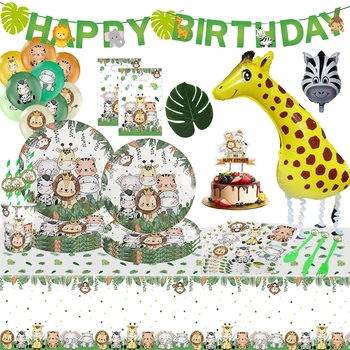 Набор одноразовой посуды с животными в джунглях, Бумажные тарелки, Сафари по джунглям, Украшения для вечеринки по случаю дня рождения мальчика, принадлежности для вечеринки в честь дня рождения ребенка