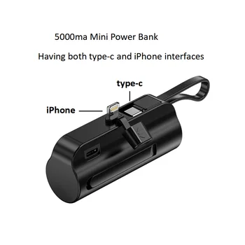 портативный мини-аккумулятор емкостью 5000 мА с функцией держателя и интерфейсами iPhone Lightning и type-c.