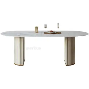 Белый Минималистичный Светлый Роскошный обеденный стол из яркой каменной плиты, набор обеденных стульев в постмодернистском стиле, Небольшая кухня для гостиной
