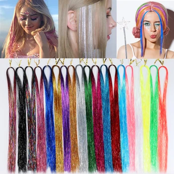 Аксессуары для волос Тонкие разноцветные волосы из радужного шелка, Лазерное наращивание волос с блестящей мишурой, женский головной убор для плетения кос 93 /120см