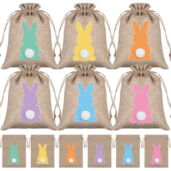 Подарочный пакет с пасхальным кроликом 24ШТ., сумки на шнурках из джутовой ткани с принтом кролика для домашних вечеринок