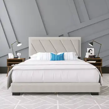 Кровать-платформа Boyd Sleep с диагональной обивкой из льна, полная, бежевая