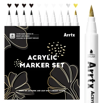 Arrtx 10ШТ (4 черных, 4 белых, 1 золотой, 1 серебряный) Акриловые маркеры Кисти Акриловые краски Ручки для рисования художественные принадлежности