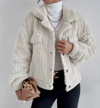 Осенне-Зимняя Женская Плюшевая куртка с кроликом, толстое пальто из искусственного меха, Повседневное Свободное пальто с длинным рукавом, Женская верхняя одежда, пальто на пуговицах для леди