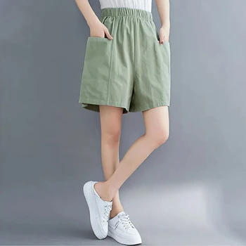 Женские летние повседневные шорты из цельного хлопка и льна 2023 года, модные шорты с большим карманом, женские Корейские широкие брюки с эластичной талией